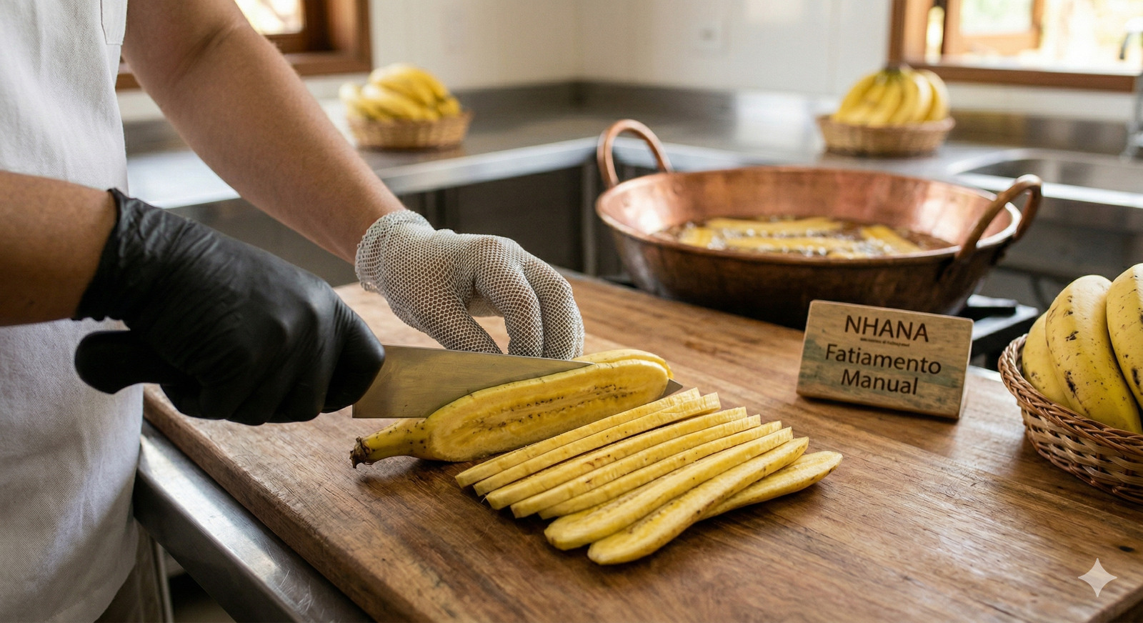 Fatiamento artesanal das bananas na horizontal
